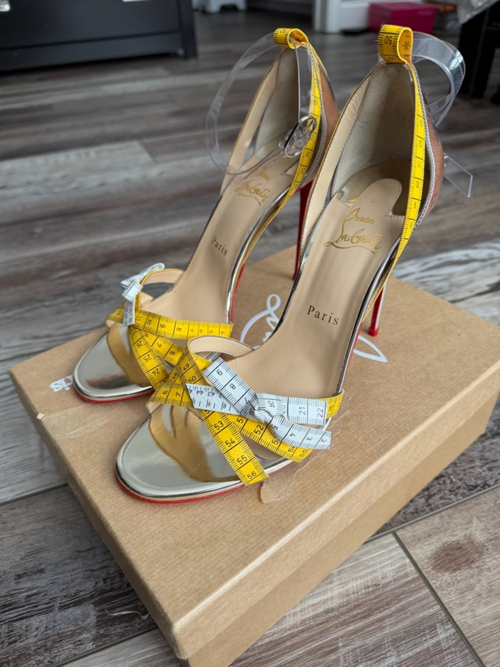 Christian Louboutin Yellow and Silver Open-Toe Ankle-Strap Heels